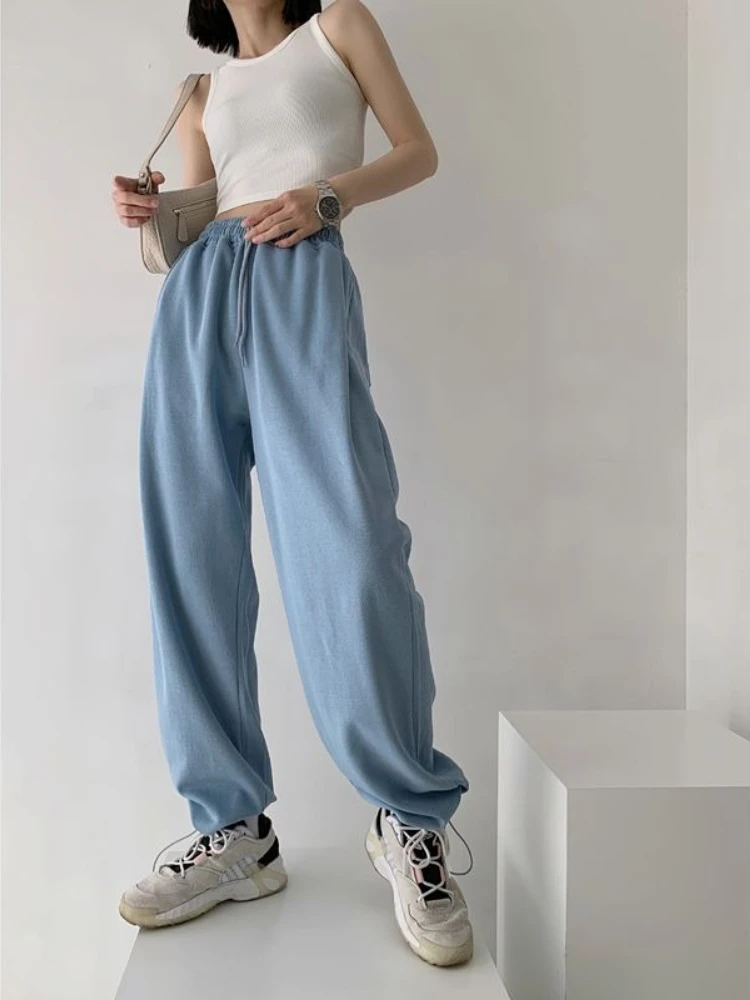 Womens High Waist Thin Sweatpants Wide Leg Drawstring Cuffed Slim Drape Casual Ins Trendy Pants