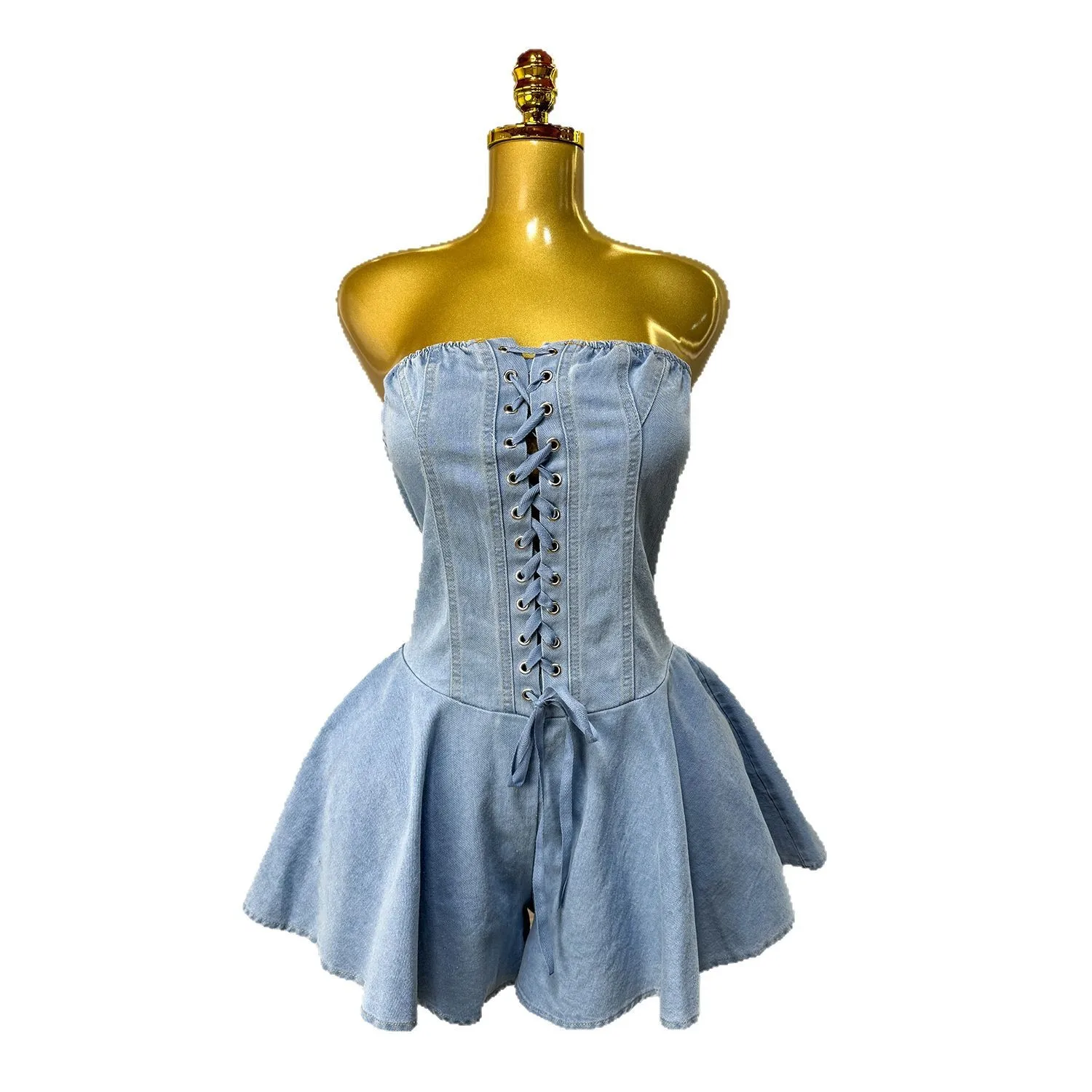 2025 ฤดูร้อนใหม่แฟชั่นสาวเซ็กซี่ร้อน Strapless DENIM Jumpsuit และผู้หญิง Off-the-shoulder LACE-up Design jumpsuit กางเกงขาสั้น