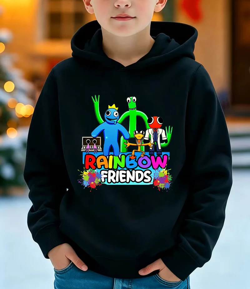 Funny Cartoon Rainbow Printed Hoodie Friends Game Boys Sweatshirt Autumn Fleece Harajuku Pullover Girls Casual Tops Kids Clothes