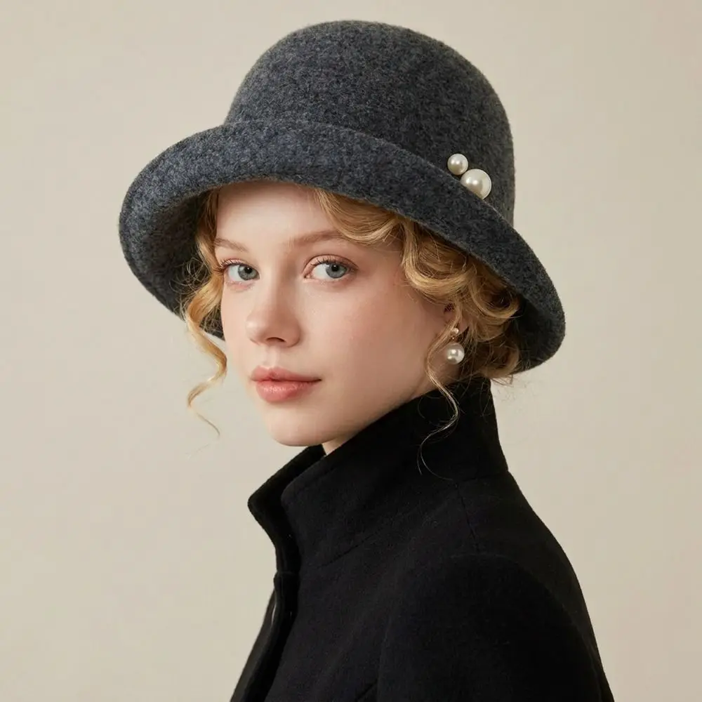 Elegant Retro Wool Blend Fedoras Hat Curled Brim French Style Hepburn Style Topper Hat Pearl Pure Color Woolen Bucket Hat Travel