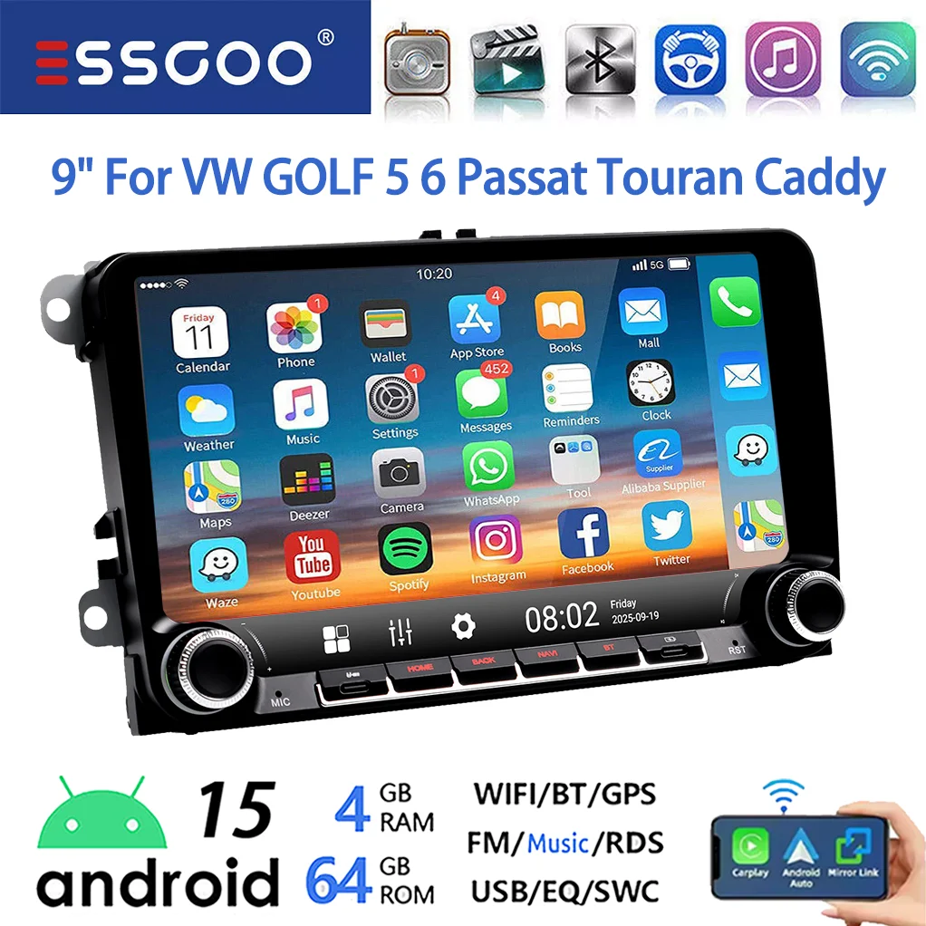 ESSGOO Android 15 9 inch 64GB voor VW GOLF 5 6 Plus Touran Caddy Draadloze Carplay Autostereo Radio GPS NAVI WIFI SWC RDS BT USB Type-C