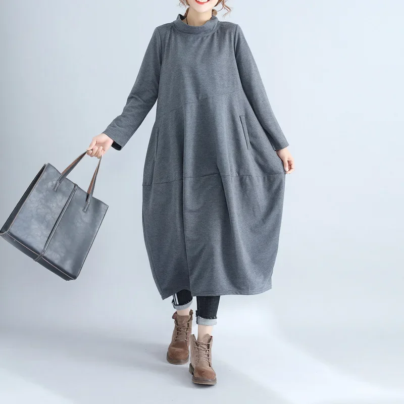 

Maxi Hoodies Dress Women Dresses Long Sleeve Turtleneck Pockets Sweatshirt Loose Pullover Vestidos Ankle Length Y2k Streetwear