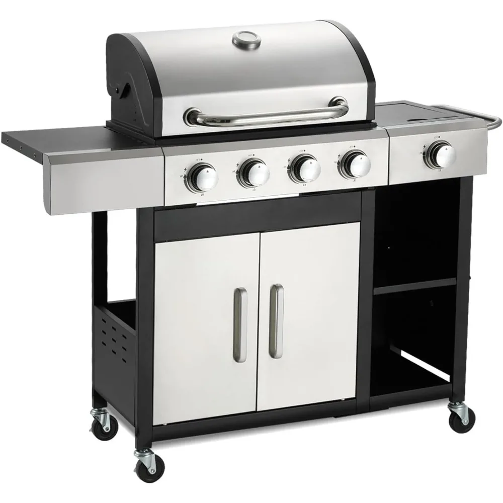 4-Brenner-Propangasgrill mit Seitenbrenner und Schrank – 49.000 BTU Edelstahl-BBQ-Grill, Gusseisenrost mit Porzellan-Emaille