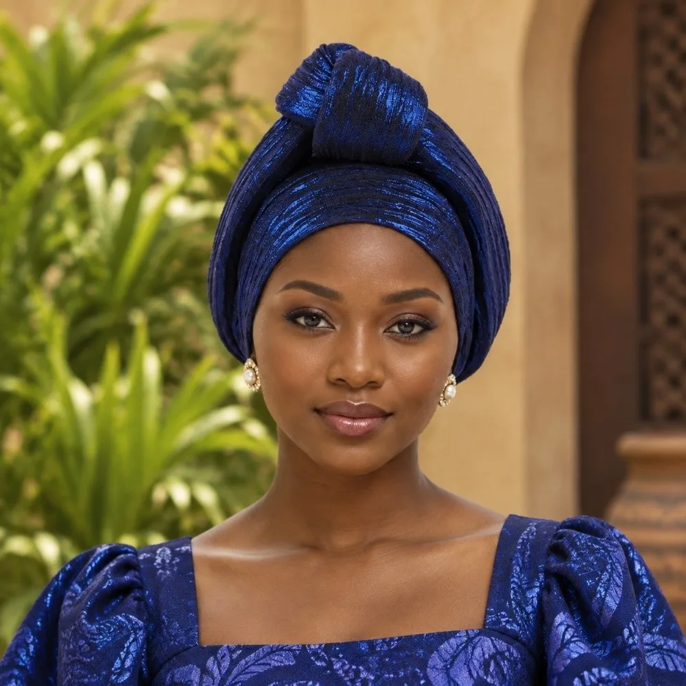 Shiny African Gele Headwrap Front Knot Polyester Nigerian Yoruba Turban Lightweight Multicolor Options Elegant Headpiece