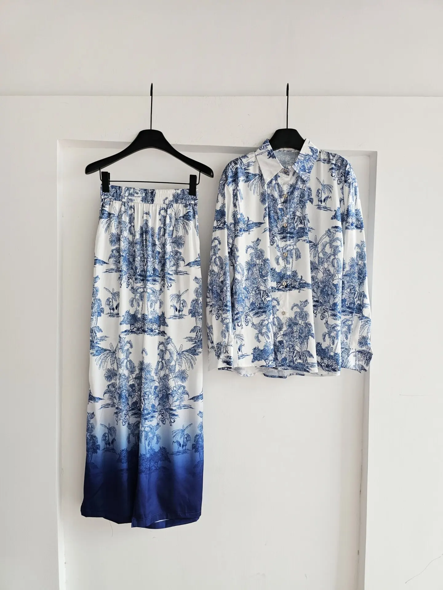 High Street Coconut Tree Zoo Gradient Positioning Printed Shirt Pants Set Women's Summer Blue and White Porcelain Two-piece Set