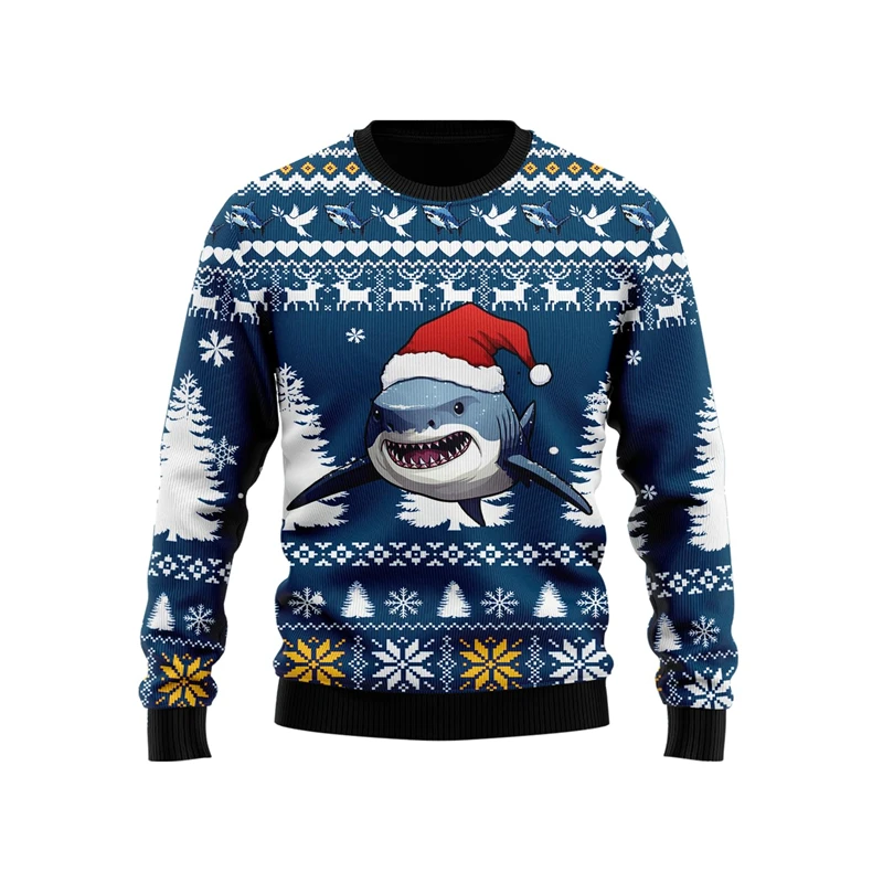 Mignon requin graphique 3D imprimé laid noël chandails hommes femmes vêtements mode col rond hommes sweat décontracté automne pulls