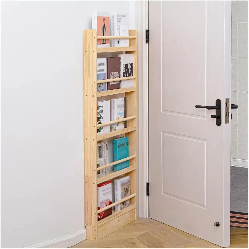 Door Behind Magazine Organizer Rack, 3/4/5 Tier Against The Wall Ultra-Thin Wooden Bookshelf for Indoor Narrow Space