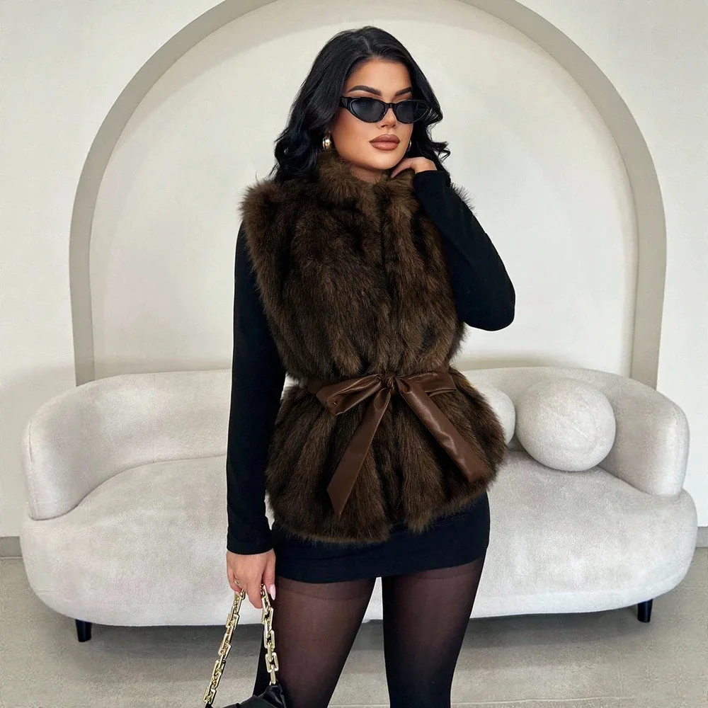 Women Faux Fur Vest Coats Jackets Stand Collar Vest Coat Thick Warm Y2k Streetwear Jacket Elegant Work Tight Waist Autumn Winter 4