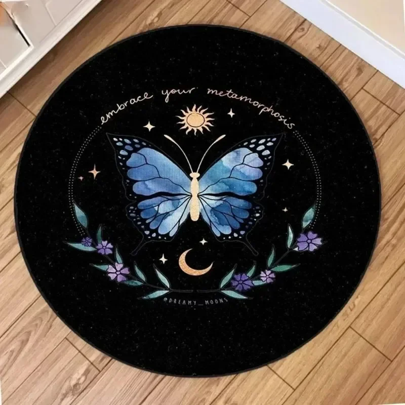 Bohemian Style Round Rug with Butterfly Floral Moon Phase Patterns Floor Mat for Bedroom Decor Adding Whimsical Nature Charm