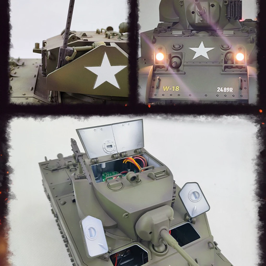 รถถังบังคับวิทยุ 1/16 US M5A1 รถถังเบาบังคับวิทยุ 360 °   วิทยุควบคุมการหมุน 2.4 กิกะเฮิร์ตซ์ ความเร็วสูง พร้อมเสียงและไฟ รถบังคับวิทยุ รุ่นแบตเตอรี่เดี่ยว