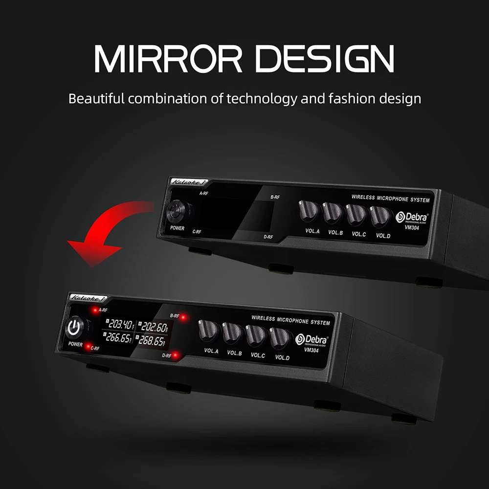 نظام ميكروفون لاسلكي Debra VM304 VHF مع 4 ميكروفونات لاسلكية محمولة، 80 مترًا، للكنائس والمحاضرات والكاريوكي