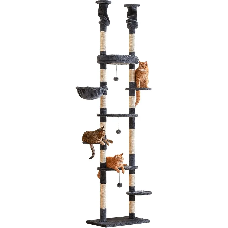 Albero per gatti dal pavimento al soffitto Torre per gatti Altezza regolabile 92-102 pollici 234-258 cm Albero da arrampicata per gatti a 7 livelli con piattaforme amaca
