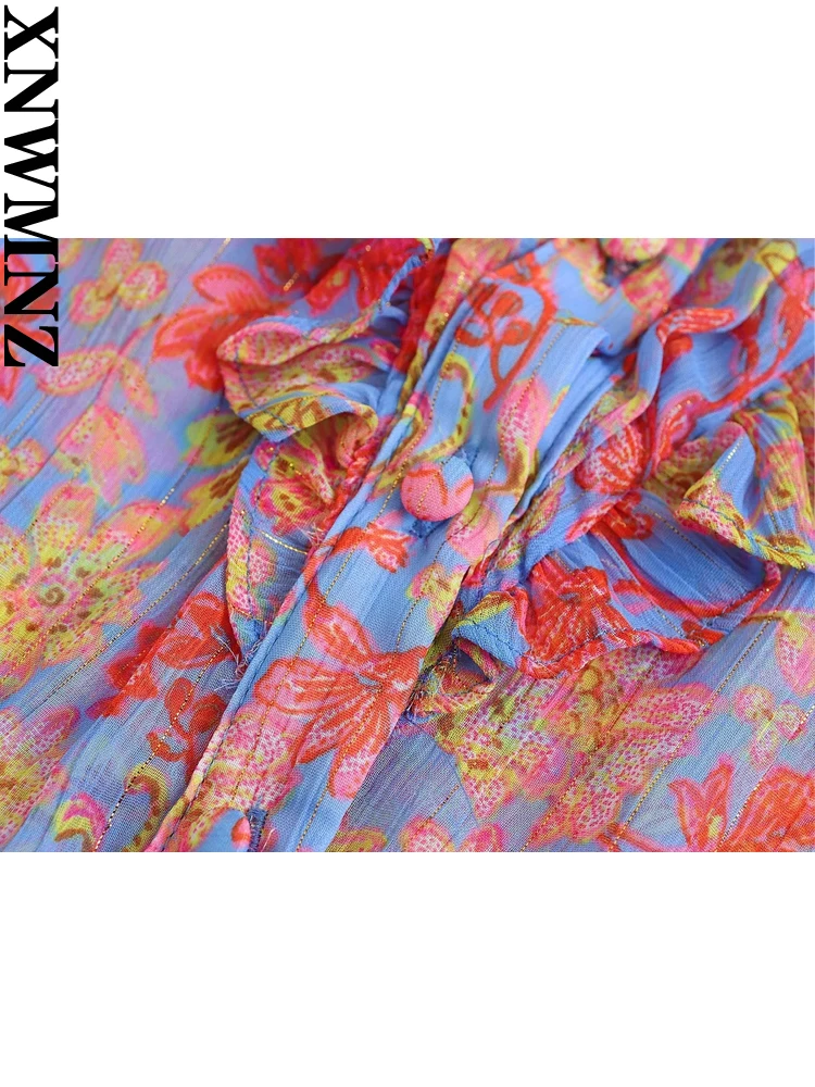 XNWMNZ 2023 Women Fashion Flower Print Shirt Vacation V-neck Long Sleeve Ruffle Front Button Top Female Chic Blouse