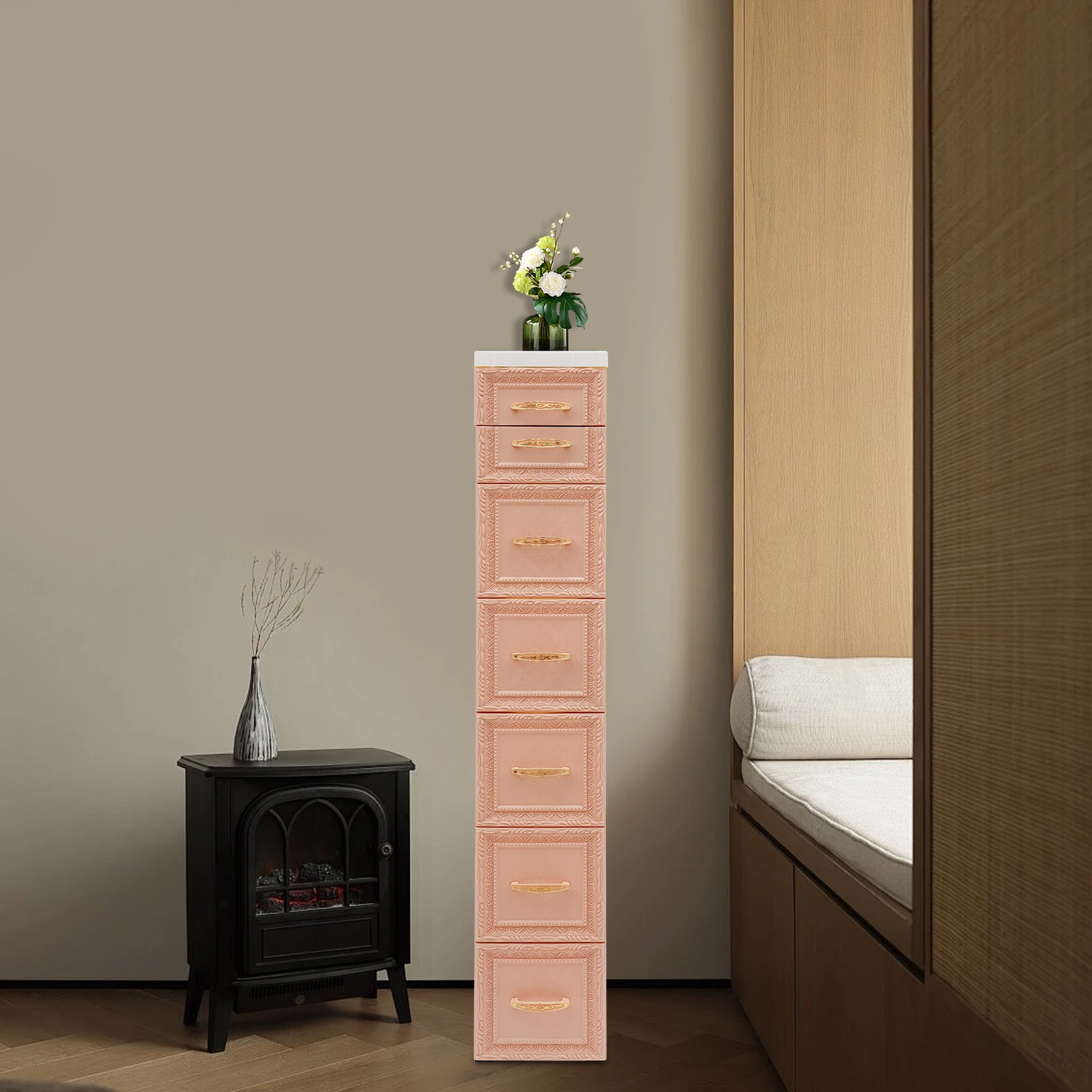 

Slim Storage Organizer, Narrow 6-Tier Storage Cabinet with 7 Drawers & Movable Wheels, Lightweight PP Material for Bathroom