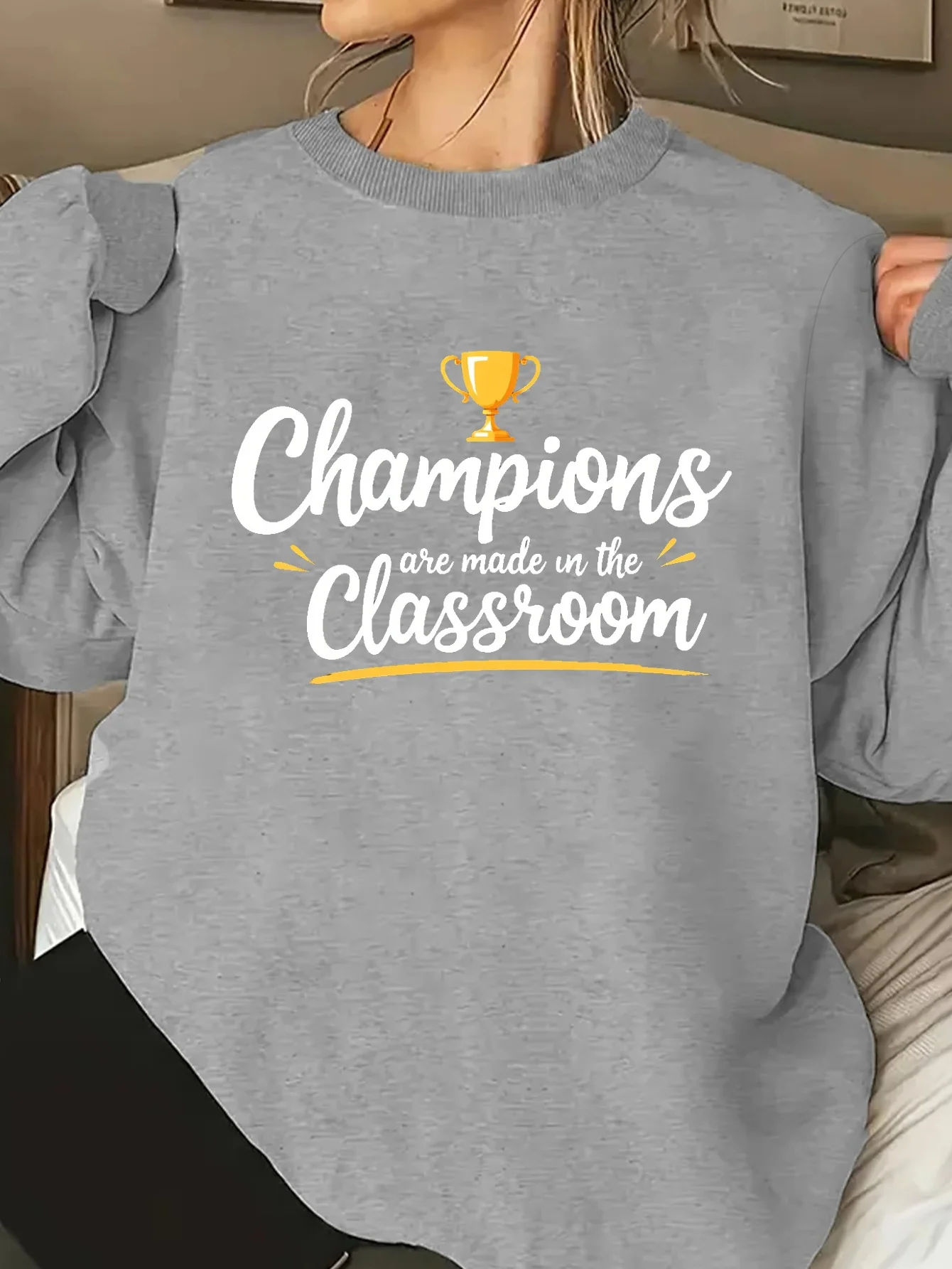 

Women's "champions Made In The " Graphic Sweatshirt - Cozy Crew Neck Casual Pullover with Trophy Design, Perfect for Winter
