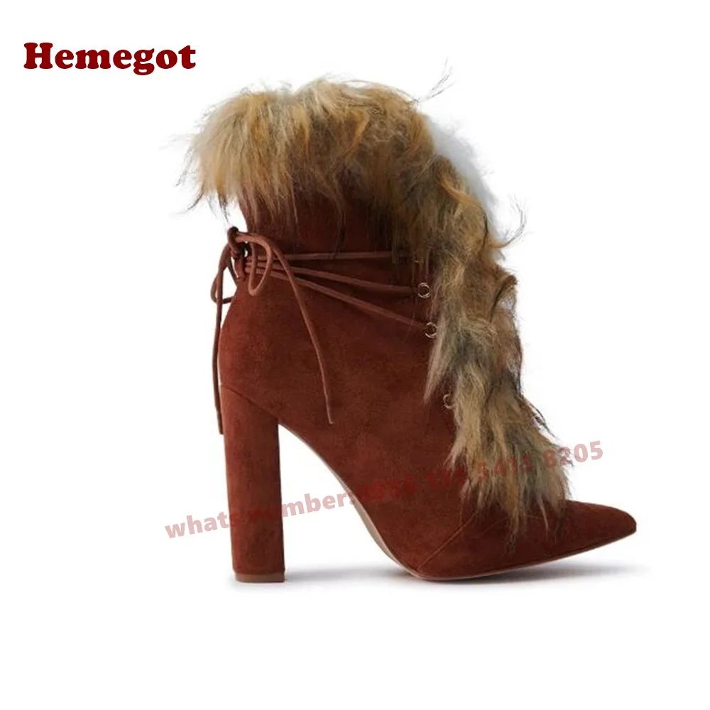 Round Toe Lace Up Fluffy Suede Leather Women's Boots Fur Chunky Heels Ankle Boots Winter 2026 Luxury Warm Shoes Mixed Color