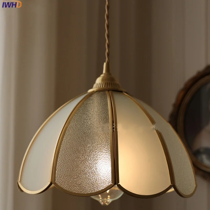 

IWHD Antique Glass LED Pendant Lamp Dining Room Study Bar Copper 200cm Wire Adjustable Loft Kitchen Light Fixture Lampu Gantung