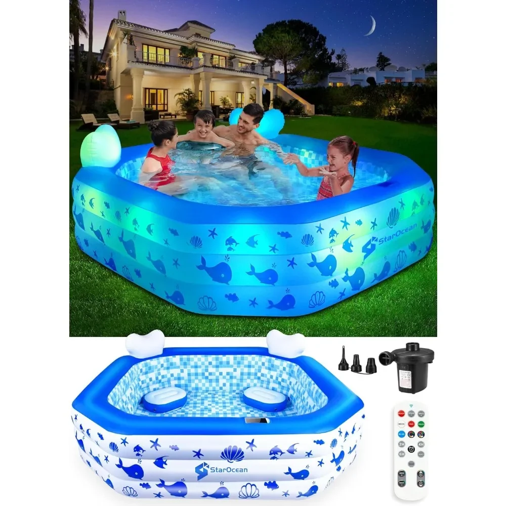 

Pool with Lights,2024 Solar Inflatable Swimming Pool,BlowUp Pool with Remote Control,pump,Large Kiddie Pool w/Seat&Backrest