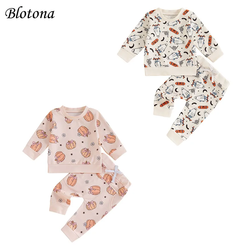 

Blotona Baby 2Pcs Halloween Outfits Pumpkin/Bat Print Long Sleeve Pullover Tops + Pants Set Toddler Fall Clothes Set 0-24M