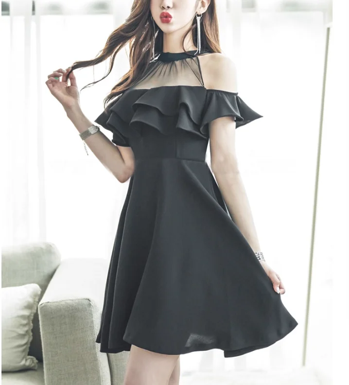 Robe noire Sexy à volants pour femmes, grande taille, épaules dénudées, mode, taille haute, ligne a, robes élégantes coréennes rajeunissantes, été