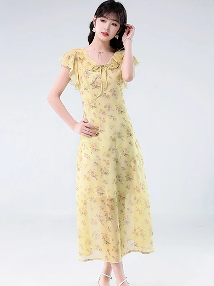 2025 Verde floreale in chiffon con fiocco colletto arricciato abito longuette estate Boho elegante abito intero donna coreano aderente abiti da festa