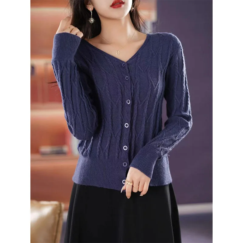 

Autumn Winter Women Sweaters Coats V-Neck Solid Jacquard Weave Single Breasted Sweet Fashion Long Sleeve Slim Cardigan Knit Tops