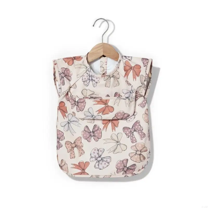 

F19F Baby Mealtime Smock PU Waterproof Bib Short Sleeve Teething Bib with Front Pocket, Feeding Apron for Stain Protections