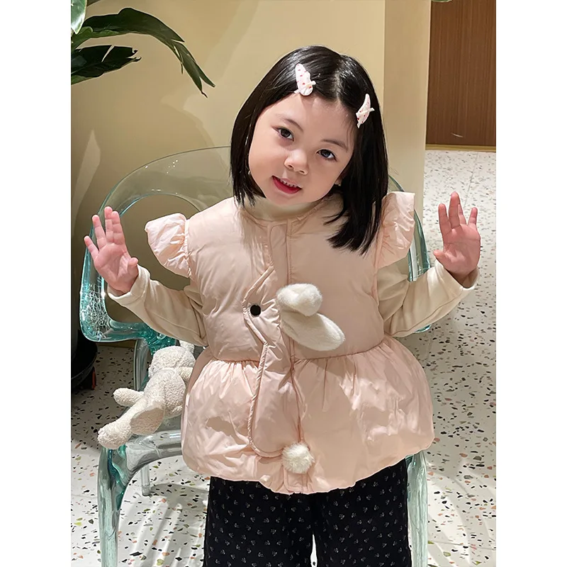 Girls Suit 2024 Autumn New Childrens Wear Korean Style Girl Baby Rabbit Cotton Vest One Fleece Floral Pants Two-piece Set image 4