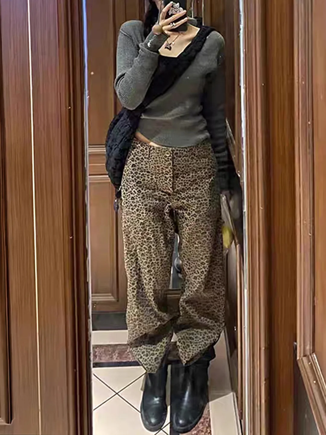 

Thiened Fce Широкие брюки женские большие размеры удобные свободные повседневные брюки с леопардовым принтом и высокой талией из смеси хлопка