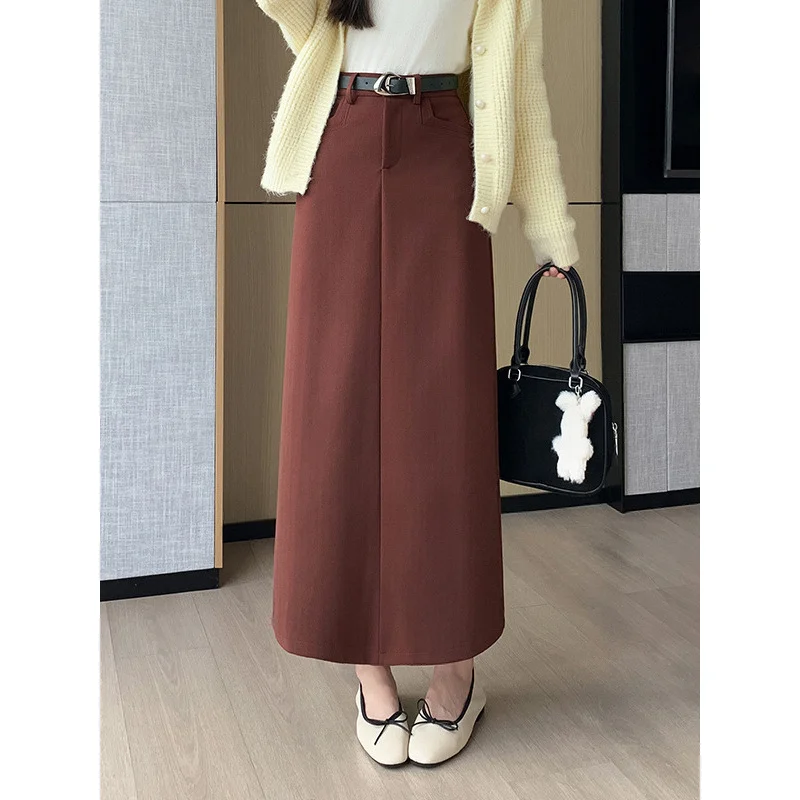 Women's Woolen Split Skirt2024Autumn and Winter New Thick High Waist Straight Skirt Small Slimming Suit Long Skirt