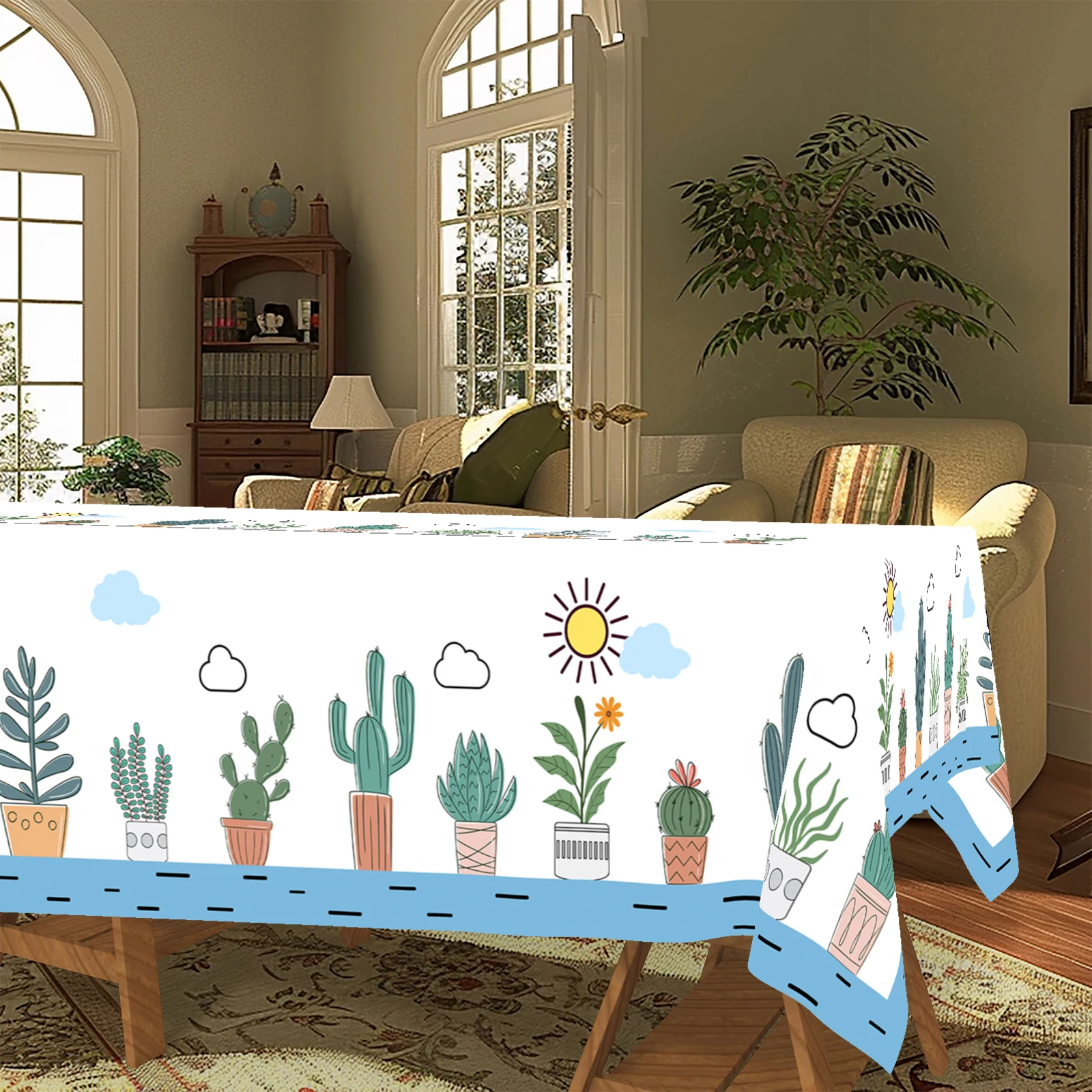 Cute Cartoon Cactus-Themed Polyester Tablecloth, Cartoon-Style Cactus and Succulent Plant Print, Simple Sun and Cloud Pattern, Embossed Edges, Waterproof, Wrinkle-Resistant, Fade-Resistant, Suitable for Rectangular and Round Dining Tables, Home Kitchen Living Room Dining Table Balcony Coffee Table, Holiday Party Decorations, Desktop Decoration, Outdoor Picnic Decoration, Coffee Table Decoration Table Cover, Perfect Gift, Spring, Summer, Autumn, Winter Decoration Comes with Four Anti-Slip Stickers. P-69