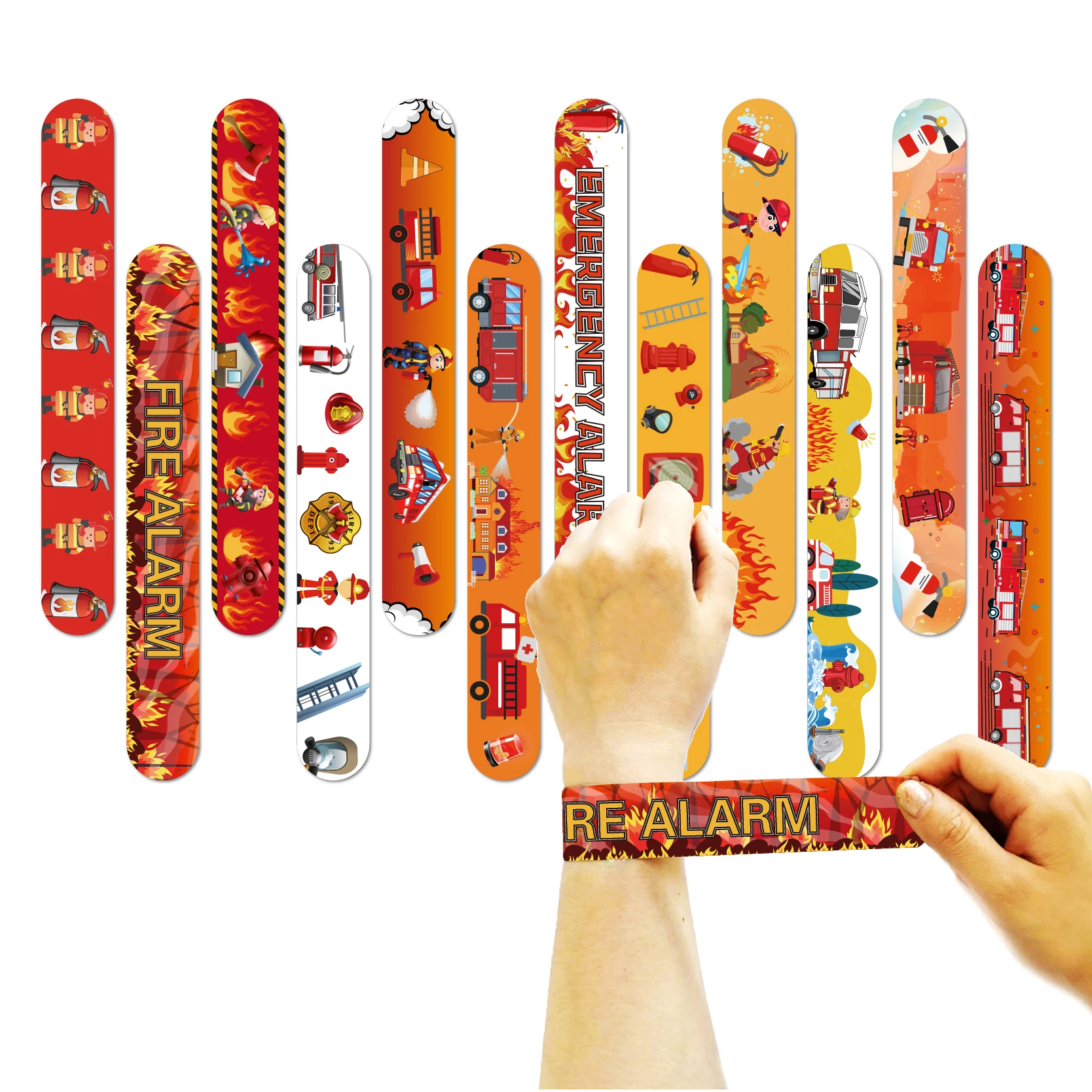 12 pcs  Random colored fire truck cracker rings children\'s fire safety knowledge cracker bracelets party gifts