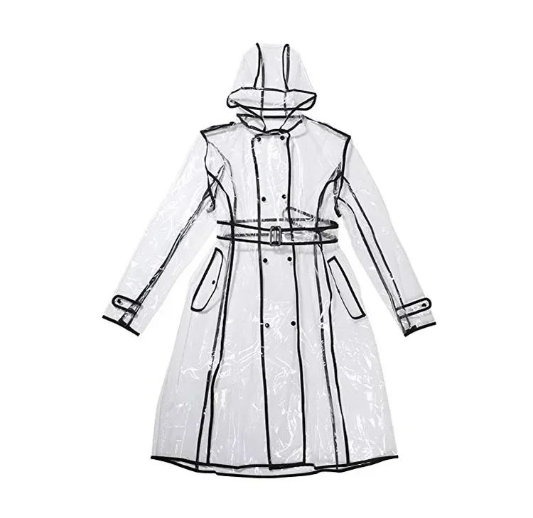 

Transparent Hooded Rain Coat Jackets with Belt Waterproof Transparent Plastic Clear Long Women Men Ladies Show Costumes Hip Hop