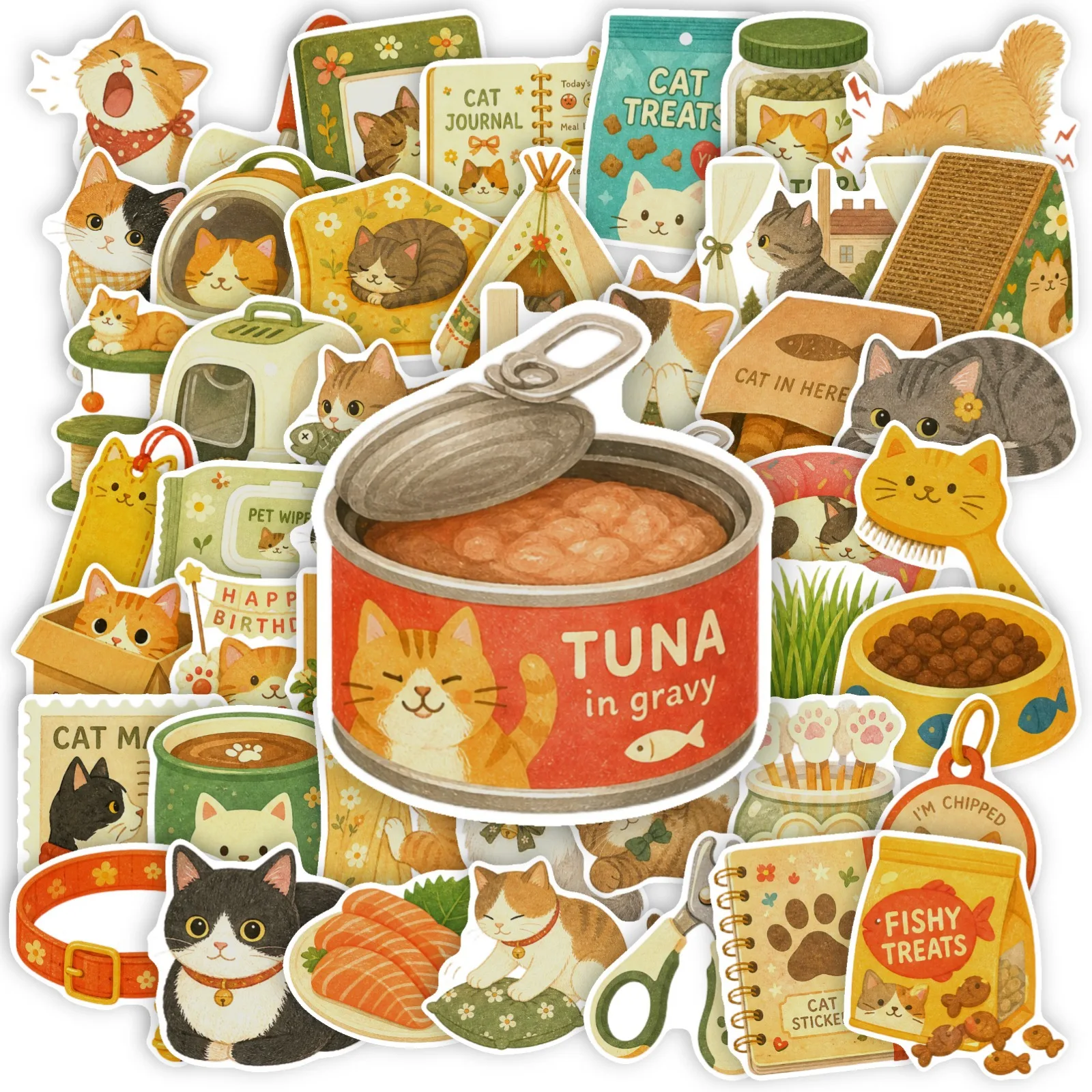 50-Piece Set Adorable Cat Daily Supplies Creative Stickers Waterproof Decorative Decals for Notebook Guitar Luggage Stationery