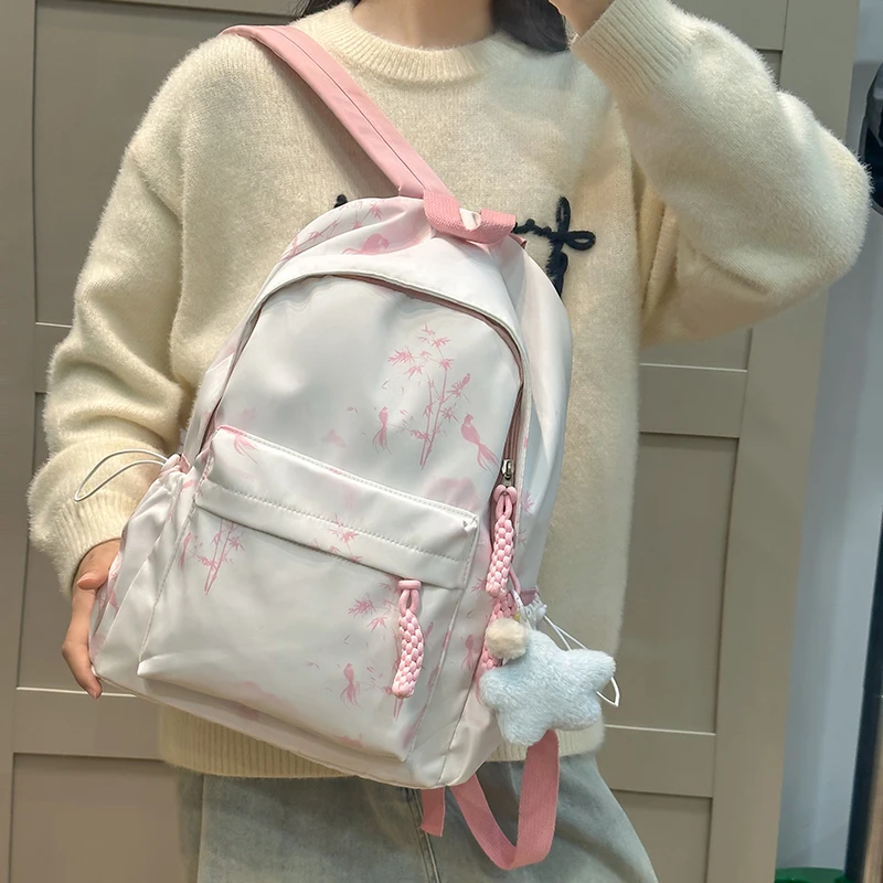 

Zipper Nylon Backpacks Sewing Thread Bamboo Leaf Printing Casual 2025 Hot Sale Bags for Women High Capacity Commute Backpacks
