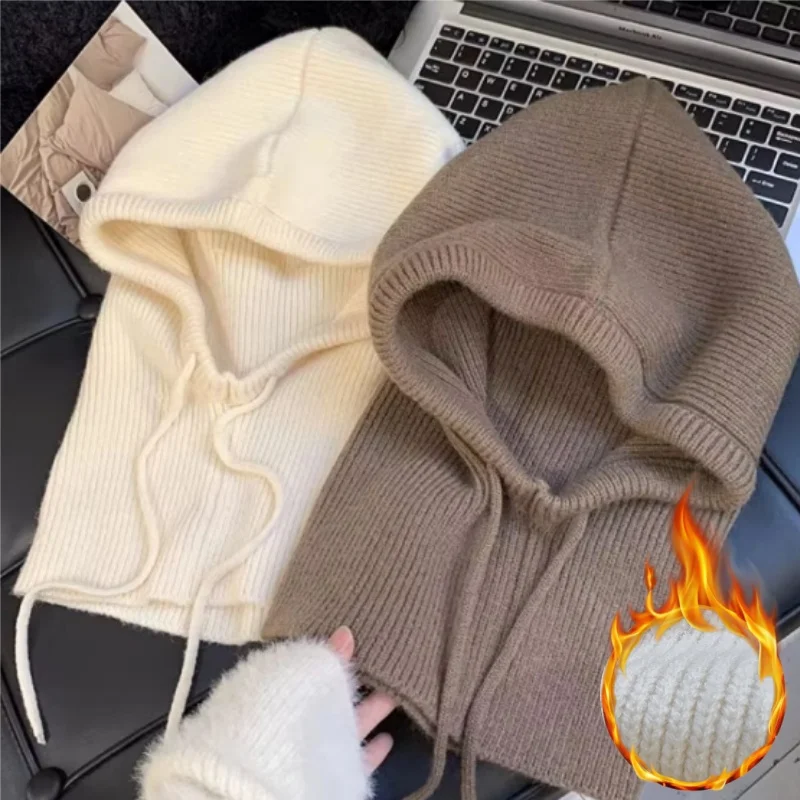 Chaud unisexe réglable extensible à capuche écharpe tricot chapeau coupe-vent cou couverture pour hommes femmes hiver bonnet avec bande élastique