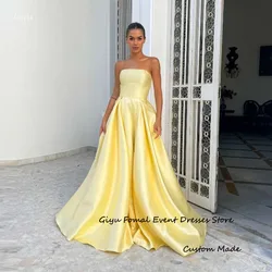 Giyu Simple Yellow Satin Evening Dresses Wedding Party Arabic Women Strapless Floor Length Prom Gowns Formal Occasion Party