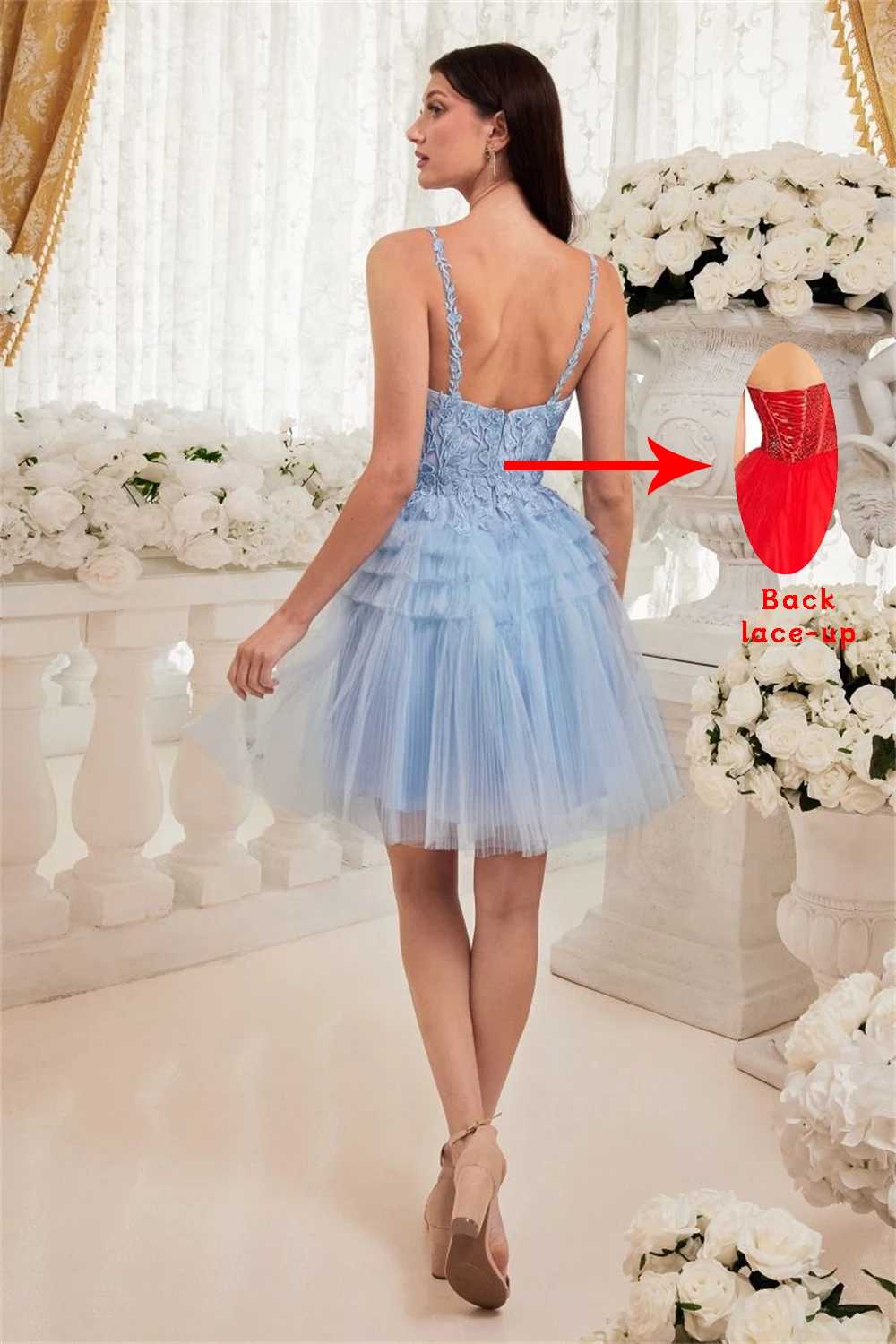 Spaghetti Straps Strapless Homecoming Dress for Teens Lace Appliques Tiered Ruffles Prom Dress A-line Short Formal Cocktail Gown