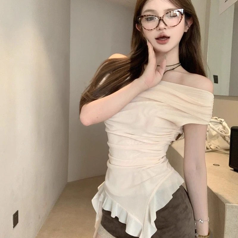 

Pure Apricot Off-shoulder T-shirt Women's Irregular Streamer Slim Short Top