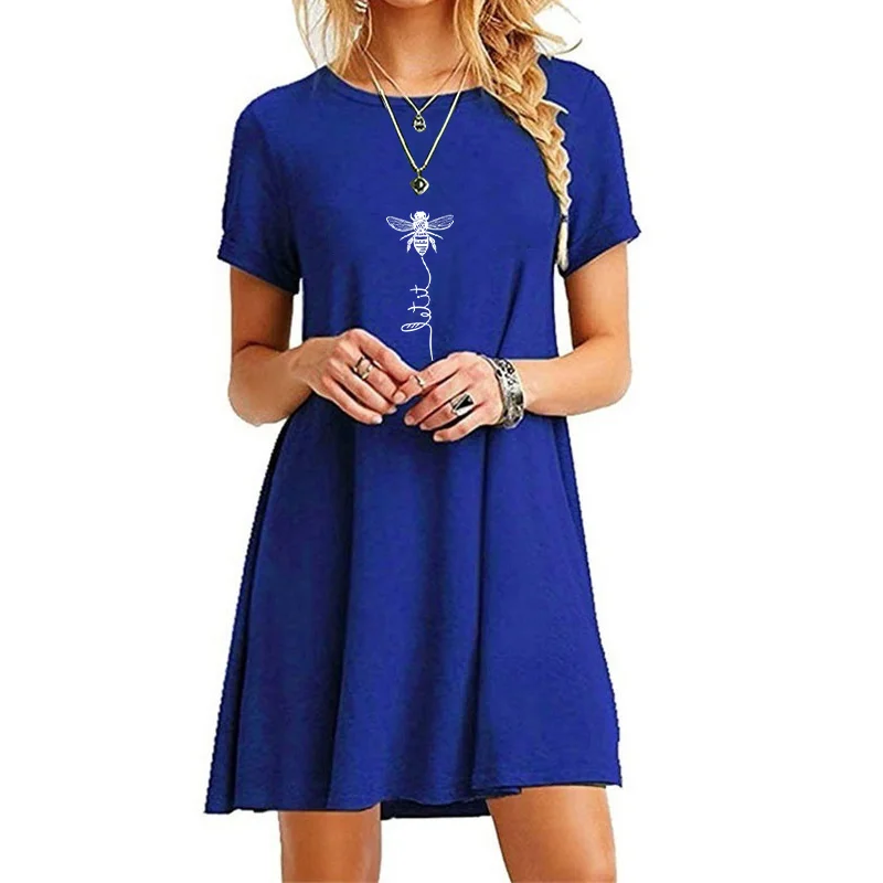 New Summer Casual Versatile Women Crew Neck Short-Sleeved Mini Dress,  Print Soild Colors Loose Dress S-2XL