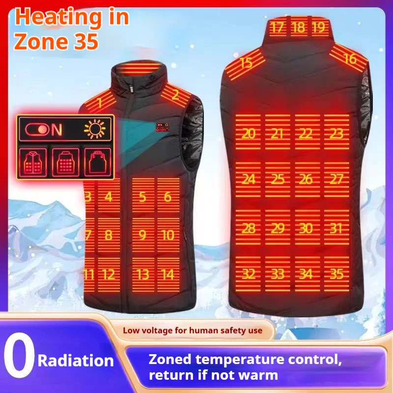

Mens 35 Zone Smart Heating Vest Winter Electric Cotton Stand Collar USB Charging Constant Temperature Warm Underwear