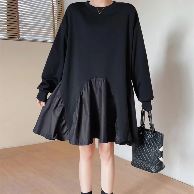 Autumn Winter Thick Hoodies Dresses Woman for 2024 New Patchwork Black Dress Lady Vestidos Long Sleeve Female Robe Cothes KE500