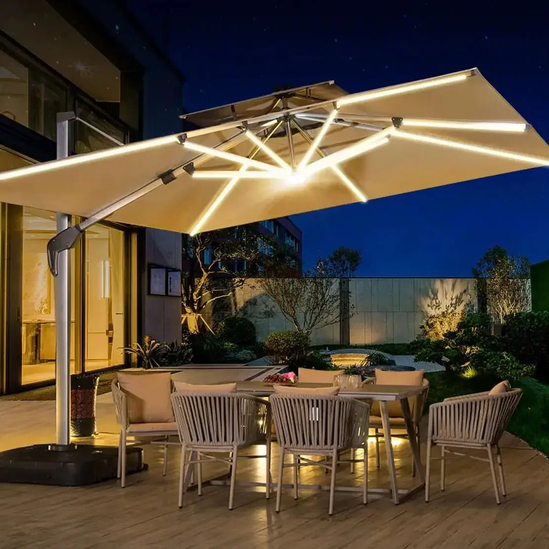 garden parasol large beach patio picnic umbrella patterned outdoor patio with led light solar base wholesale dropshipping