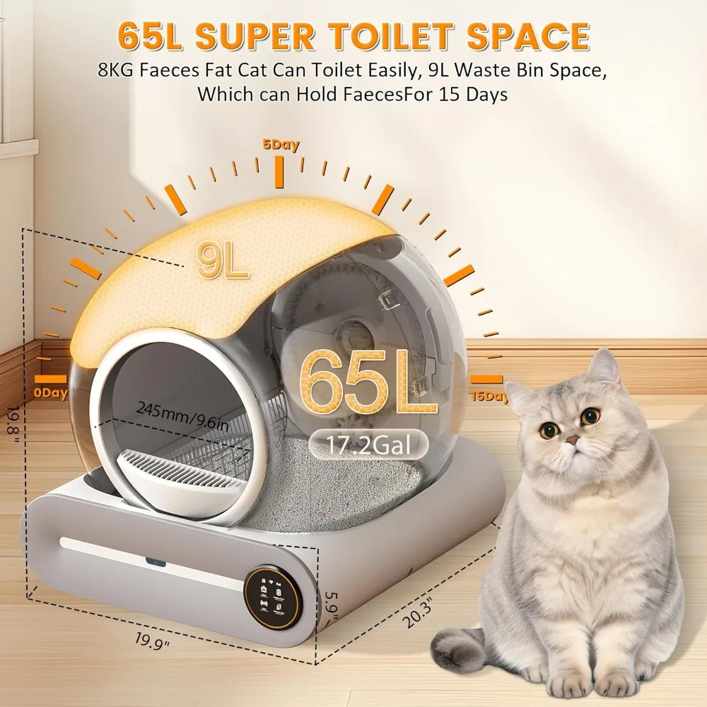 65L+9L Extra Large Robot Automatic Litter Box for Multiple Cats, APP Control, Negative ion Sterilization and Deodorization