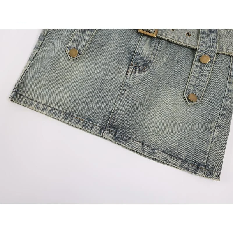 Retro design, niche denim skirt, women's summer high waist slimming, spicy girl A-line hip hugging short skirt