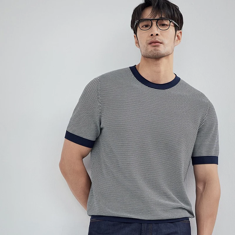 

2024 Men's Summer Casual Versatile Striped T-Shirt Korean Luxury Round Neck Short Sleeve Slim Fit Tight Cotton Tee Shirt C59