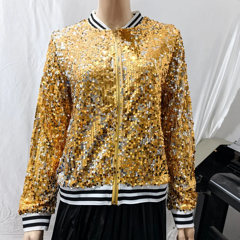 

Women Coats Sequins Print Long Sleeve Stand Collar Zipper Cardigan Jackets Elegant Coat High Street Outerwear Autumn Slim Fit