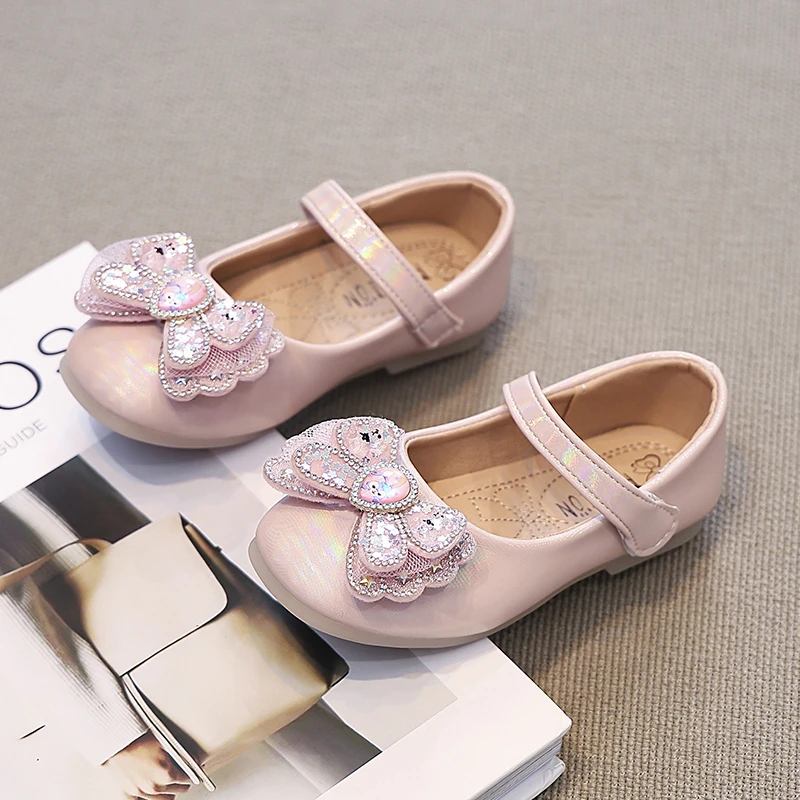 Diamond Bow Round Toe Pink/purple Girls Leather Shoes Autumn Outdoor PU Girls Casual Leather Shoes Size 26-36 Sandalias De Mujer