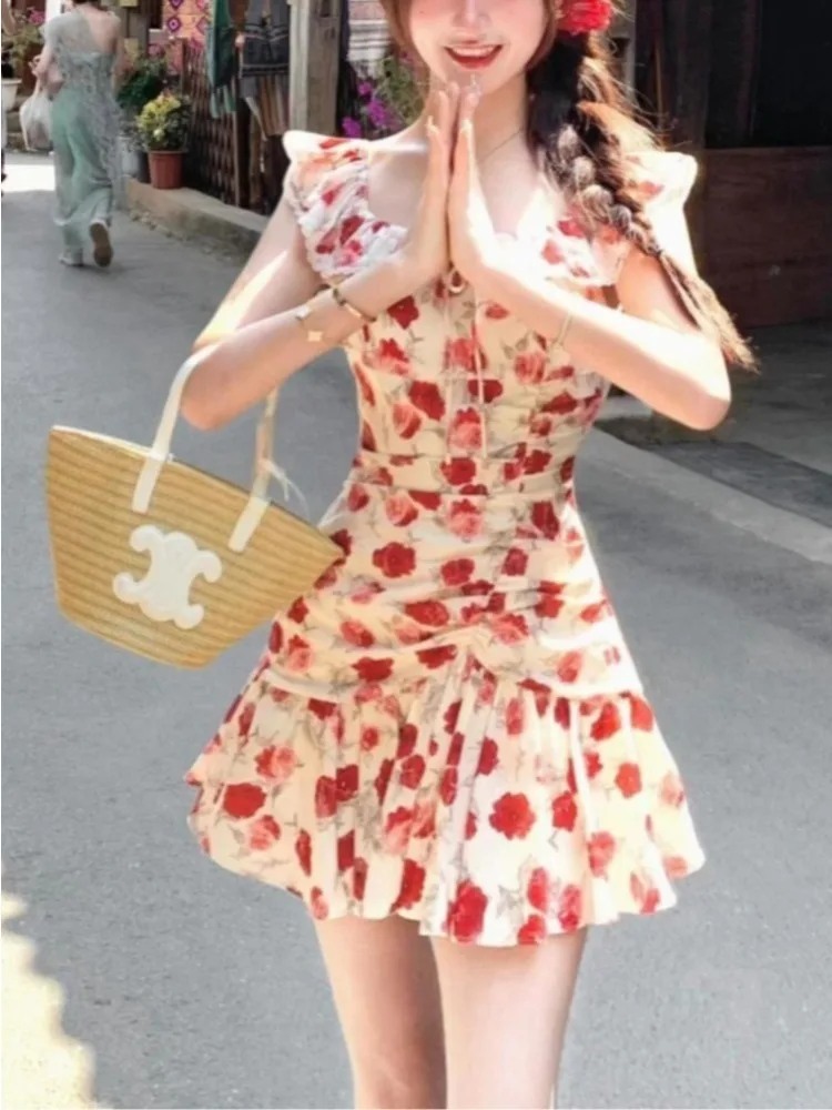 

Sweet Vintage Floral Fairy Dress Women Ruffles Chic Sleeveless Sexy Mini Dress Female 2025 Summer Casual Korean Beach Dress Y2K