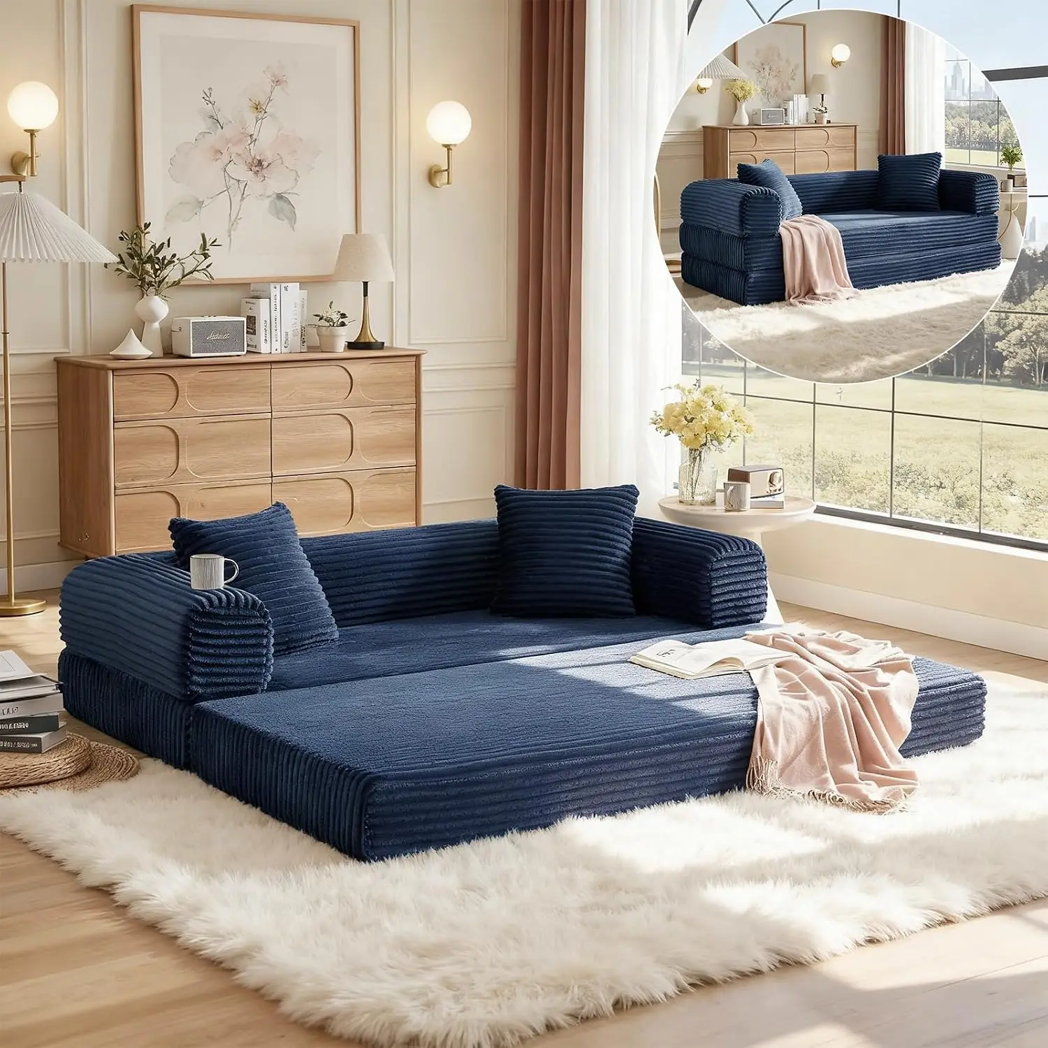 4-in-1 Folding Sleeper Sofa, Fold Out Floor Bed, Corduroy Mattress for Living Room & Bedroom, 78